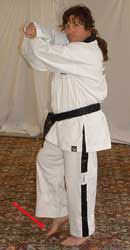 Turn head to look left towards C, pull front (right) leg back, raise arms to chamber for left middle block
