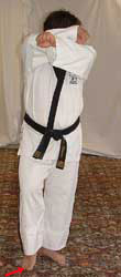 Turn head to look left towards A, pull front (right) foot back, raise hands to chamber for middle block