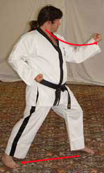 6) Move right foot diagonally out and turn 90° left towards A hip-twisting into a left walking stance whilst performing middle block with left forearm