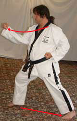 14) Slide left leg diagonally out and turn 90° to the right hip-twisting into a right walking stance towards B whilst performing a right middle block