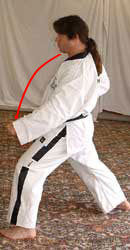 2) Turn 90° to the left towards B, perform a low section outer forearm block (low block) with the left arm, hip twisting into a left walking stance (bent front knee, straight back leg, heel on ground, weight 50/50, pivot on ball of left foot for hip twist)