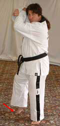 Turn head to look left towards C, pull front leg back, raise arms to chamber for left low block