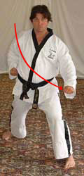 4) Turn 90° left towards C hip-twisting into a left walking stance whilst performing low block with left forearm