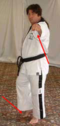 Pull back (right) foot forwards, raise front (left) arm to reach forwards