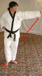 Pull back (right) leg forwards, raise front hand and reach forwards