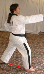 7) Move right foot out to form right walking stance while performing obverse (front hand) middle section punch towards A – shout (kihap)