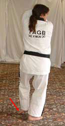 Turn head to look right towards A, pull front (left) leg back, raise arms facing outwards to chamber for low block – right arm on the inside, facing inwards
