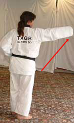 Pull left leg forwards whilst raising front hand to reach forwards