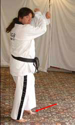 Turn head to look right towards C, pull front leg back, raise arms to chamber for low block