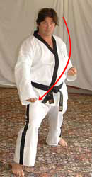 12) Turn 90° to the right hip-twisting into a right walking stance towards C whilst performing a right low block